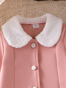 SHEIN Elladie kids 秋季毛絨領單排扣A字夾克套裝，柔軟羊毛外套，甜美公主風寬鬆版型風衣，適合日常、派對、假期秋季穿著 - 粉色 - 查看 6