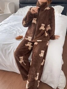 Napfluff طقم بيجامة نسائي من القطيفة بطبعة دب لطيفة - بني - مشاهدة 6