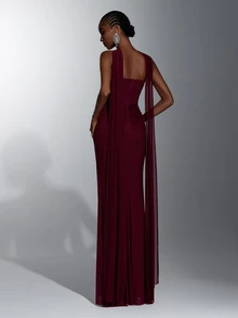 Elitara Elegant Burgundy Knit Mesh Strapless Ruched Waist Bodycon Long Dress With Detachable Strapless Drape, Suitable For Date, Single Party, Wedding, Event, Evening Banquet, Bridesmaid Dress - Burgundy - View 3