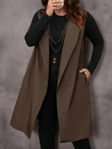EMERY ROSE Plus Size Coffee Brown Belted Button Pocket Notched Lapel Sleeveless Jacket Casual Outerwear Fall Winter 2026 - Coffee Brown - View 5