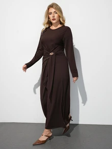 Maija Plus Size Solid Fashion Elegant Long Sleeve Dress - Brown - View 3