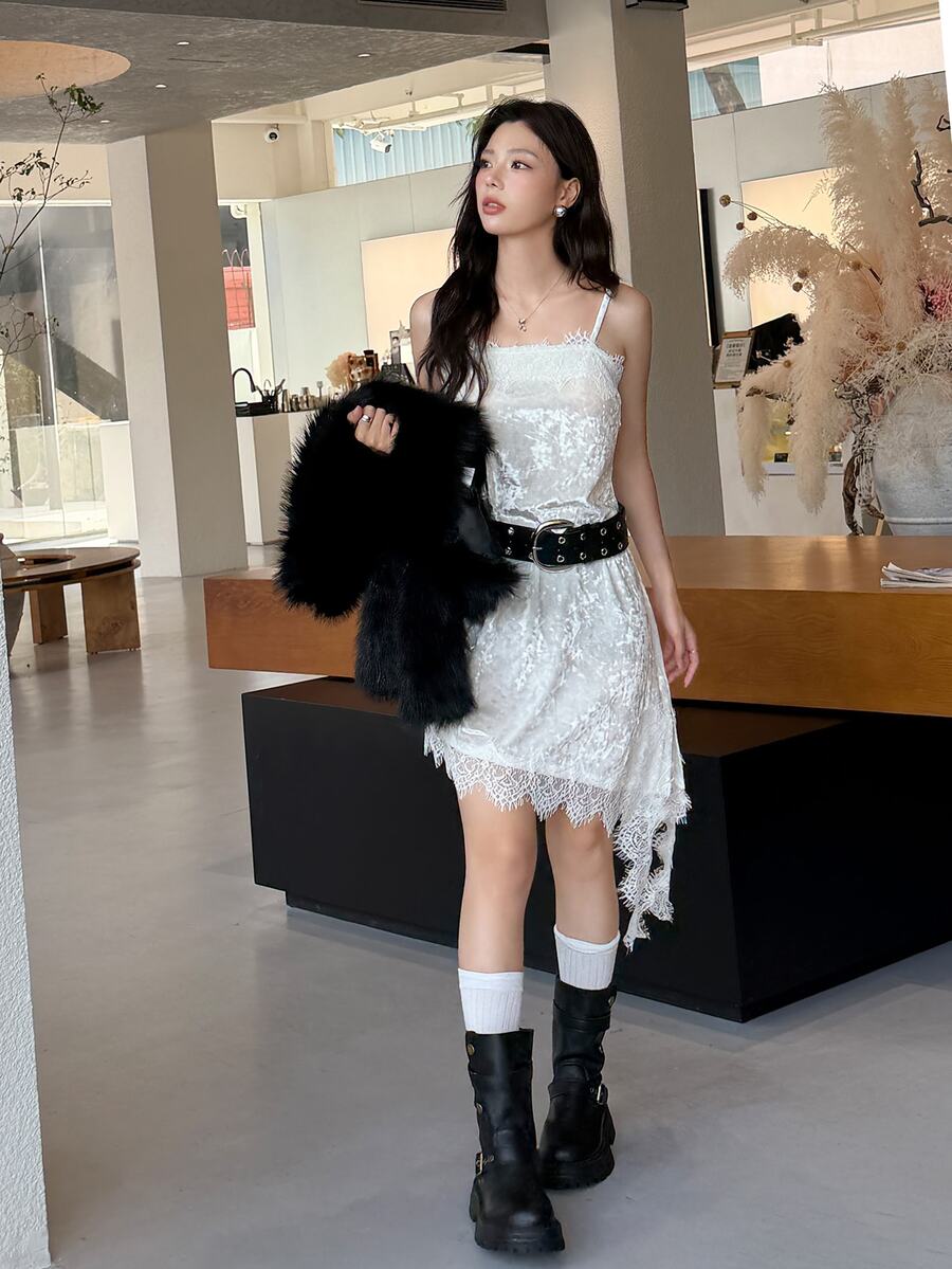 K-Vae Velvet Lace Asymmetrical Hem Cami Mini Dress - White - View 1
