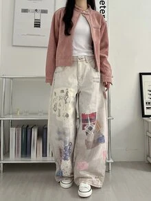 DAZY 女款韓式格紋漸層街頭風寬鬆百搭清新春夏牛仔牛仔褲 - 灰色 - 查看 5