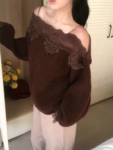 DAZY Women's Mesh Lace Patchwork Long Sleeve Elegant Banquet Net-Like Autumn/Winter Solid Color Sweater - Coffee Brown - View 4