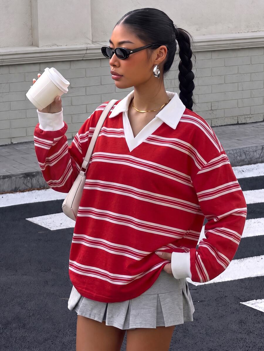 Muchica 女款休閒拼色寬鬆 Polo 領運動衫,女款秋冬服飾,條紋運動衫,街頭風 - 彩色 - 查看 1