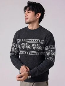 Manfinity Homme 男士圓領懶人長袖套頭毛衣，休閒提花秋冬服飾，黑色寬鬆時尚日常穿搭百搭動物圖案套頭毛衣 - 深灰色 - 查看 3