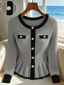 Muvela Women's Contrast Trim Metal Button Single-Breasted Round Neck Long Sleeve Cardigan - Grey - View 1