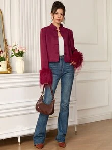 EastFlair Women's Fashion Regular Jacket With Frog Button Front And Faux Fur Cuffs - Rose Red - View 6