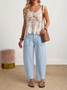SHEIN CURVE+ Plus Size Women's Striped Pattern Pocket Design Button Straight Leg Casual Jeans - Blue - View 6