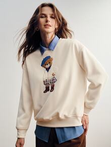 Briarwyn Women's Winter Solid Color Bear 3D Embroidery Crew Neck Thermal Lined Pullover Sweatshirt - White - View 5