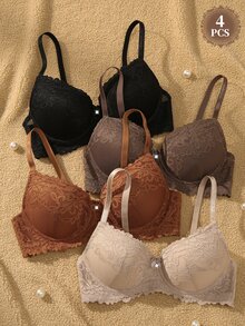 DesireSculpt Women's Underwire Sexy Lace Comfortable Bras 4pcs/Set - Multicolor - View 1