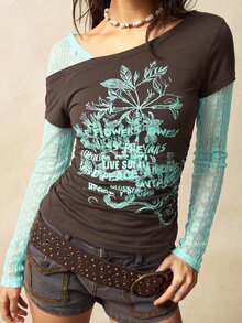 Bohemela Women's Slogan Print Contrast Lace Long Sleeve Fashion T-Shirt - Coffee Brown - View 3