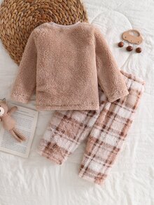 2pcs Men's Thick Comfortable Khaki Teddy Bear Patchwork Embroidery Long Sleeve Top & Plaid Long Pants Pajama Set - Khaki - View 3