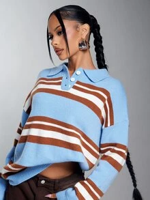 Denimoi American Retro Colorblock Striped Polo Collar Knit Sweater Women Loose Drop Shoulder Long Sleeve Pullover - Multicolor - View 3