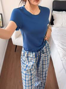 Napfluff 休閒居家服 格紋針織女款短袖睡衣長褲套裝 - 杏色 - 查看 1