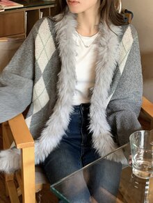 DAZY Women's Diamond Quilted Casual Korean Style Fur Collar Patchwork Long Sleeve Autumn/Winter Comfortable Cardigan - Grey - View 8