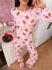 SweetSlumber Women's Christmas Gingerbread Man Candy Print Knit Crew Neck Long Sleeve Pants Pajama Set - Multicolor - View 3