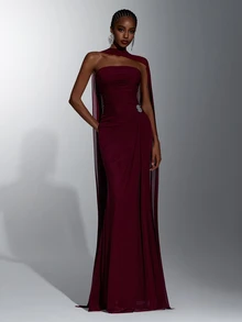 Elitara Elegant Burgundy Knit Mesh Strapless Ruched Waist Bodycon Long Dress With Detachable Strapless Drape, Suitable For Date, Single Party, Wedding, Event, Evening Banquet, Bridesmaid Dress - Burgundy - View 7