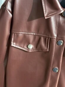 SHEIN 青少年女孩夾克，春季街頭風街頭服飾，寬鬆嬉皮運動休閒基礎舒適拉鍊棕色修身短版長袖外套工作穿搭 - 棕色 - 查看 8