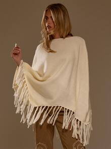 MUSERA White Oversized Tassel Detail Crew Neck Poncho Autumn Fall Winter Cute Casual Christmas - Apricot - View 1