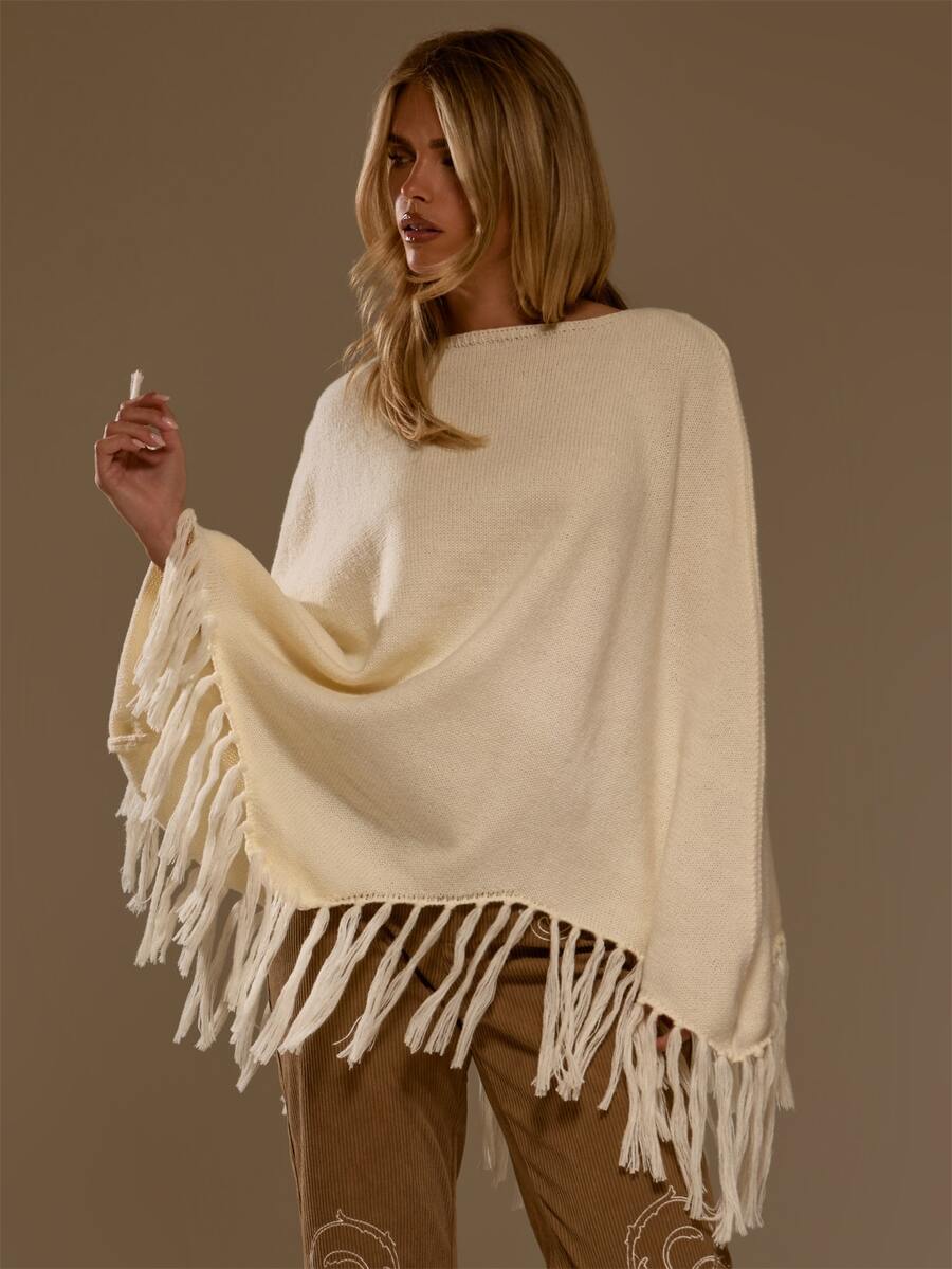 MUSERA White Oversized Tassel Detail Crew Neck Poncho Autumn Fall Winter Cute Casual Christmas - Apricot - View 1