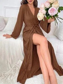 SHEIN 女款純色長袖重疊設計腰帶舒適居家休閒晨袍 - 咖啡棕 - 查看 2