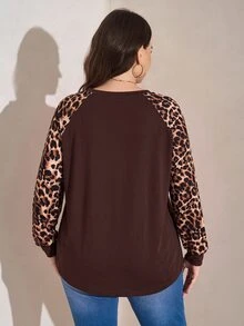SHEIN LUNE Sleeve Patchwork Leopard Print Pattern Knitted T-Shirt Suitable For Dating, Vacation, Party, Daily Outing, Gathering, Outdoor Activities - Coffee Brown - View 2