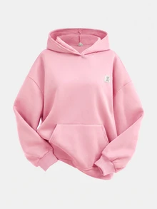 SHEIN Girlism 2件組青少年女孩純色棕色冬季休閒度假返校復古寬鬆圖案秋季連帽衛衣與運動長褲保暖運動套裝 - 粉色 - 查看 7