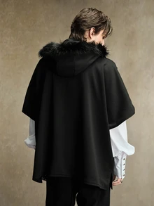 ROMWE MEN Men's Solid Color Zipper Front Pocket Patchwork Fur Hooded Cape Jacket - Black - View 3