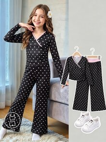 SHEIN Tween Girl Black Polka Dot & Pink Contrast 2 Pieces T-Shirt Set, Long Sleeve Slim Fit V-Neck Patchwork Top With Straight Leg Pants, Casual Loose Old Money Style, Suitable For School, Autumn, Halloween, Christmas And Daily Wear - Black - View 3