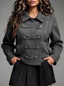 Vionelle Mantel Kasual Musim Gugur/Musim Dingin Wanita Ukuran Besar Elegan Warna Polos Campuran Wol dengan Gesper Logam dan Kerah Tegak serta Sabuk - Dark Grey - View 7