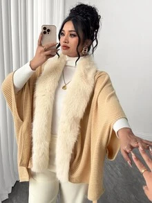Elenzga 女款大尺碼人造毛領喇叭袖夾克外套 冬季聖誕新年旅行外出 米色休閒優雅 - 卡其色 - 查看 6