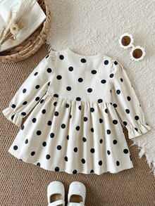 SHEIN Vintaside Kids 幼女甜美優雅米色黑色波點荷葉邊鈕扣長袖圓領修身A字裙，適合生日派對、婚禮賓客、秋季假期 - 白色 - 查看 2