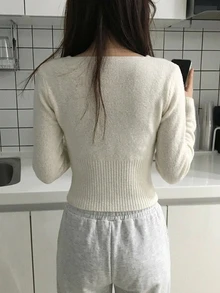 DAZY Women's Solid Color Long Sleeve Single-Breasted Fitted Knit Cardigan - White - View 5