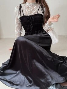 FRIFUL 女款秋季純色天鵝絨細肩帶長洋裝，附蝴蝶結與抽褶設計 - 黑色 - 查看 8