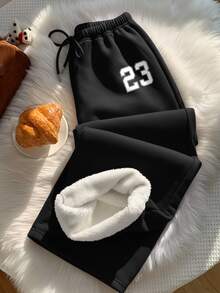 SHEIN EZwear 女款休閒低腰抓絨內裡運動長褲，秋冬女裝，適合日常通勤、聚會、夏季、聖誕節、新年、感恩節、派對、婚禮、海灘、出遊、約會、情人節，優雅度假風，Y2K - 黑色 - 查看 3