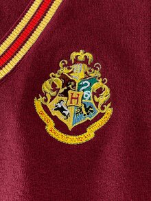 PrepCrw HARRY POTTER X SHEIN 兒童青少年男孩V領撞色學院風刺繡針織背心，秋冬萬聖節針織上衣，2026秋冬款 - 酒紅色 - 查看 3