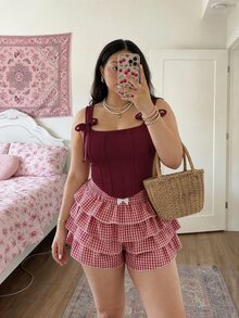 SHEIN MOD Plus Size Red Bow Front Tie Corset Tank Top - Burgundy - View 7