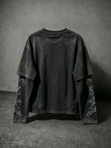 Manfinity EMRG 男士水洗 2-in-1 層次感 T-shirt，3D 蜘蛛網與天使圖案長袖圓領上衣，適合街頭風、日常穿著與休閒外出 - 黑色 - 查看 2