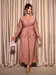 Cravure Plus Size Women Solid Color Pleated V-Neck Casual Daily Summer Dress - Khaki - View 6
