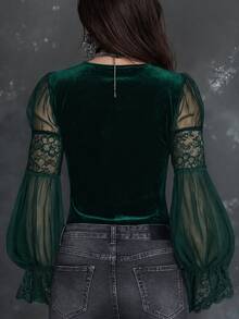 LUMIGAL Vintage Elegant Commute Sheer Sleeve Lace Trim Velvet Bell Long Sleeve Blouse - Dark Green - View 2
