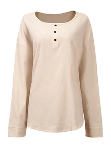 Selamara Plus Size Women's Round Neck Long Sleeve Solid Color Button Casual Comfortable Top - Apricot - View 3