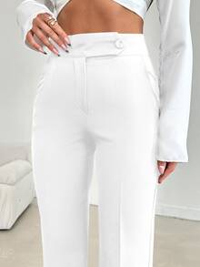 SHEIN Petite Women's Solid Color Button Front Pocket Casual Long Pants - White - View 3
