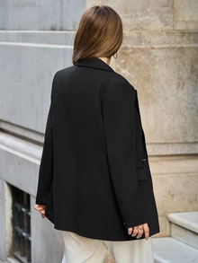 SHEIN Women's Tall Size Solid Color Flip Pocket Ladies' Suit Blazer - Black - View 2