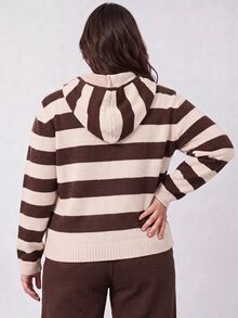 Solavibe 大尺碼女款連帽條紋針織開襟衫，適合度假、派對、日常外出、聚會、戶外活動，冬季穿著 - 卡其色 - 查看 2