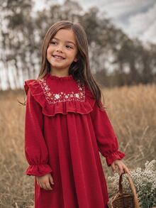 Emery Rose Kids Emery Rose Kids 少女編織素色花卉圖案荷葉邊休閒洋裝 - 紅色 - 查看 7