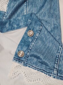 TaskSense Áo nữ tay cánh hoa ren phối màu họa tiết giả denim - Màu xanh lam - Xem 7