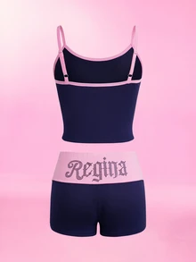 Mean Girls | SHEIN طقم نسائي من قطعتين كاجوال للاستخدام اليومي، توب كاميسول بطبعة حروف وألوان متباينة مع شورت - الأزرق - مشاهدة 2
