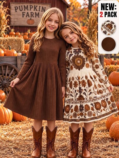 Girls Fall Winter Rib Knit Solid & Vintage Floral Long Sleeve Dress 2pcs Pack
