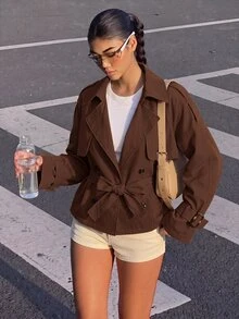 SHEIN Girlism 青少年女孩棕色短版雙排扣風衣外套，秋季穿搭，冬季優雅通勤，長袖收腰，肩章領口，秋季外套 - 棕色 - 查看 3